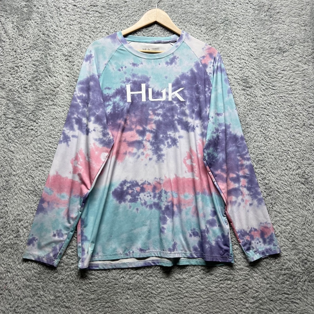 Huk Pursuit Performance Fishing Shirt Mens Large Blue Pink Tie Dye Lightweight